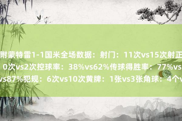 附蒙特雷1-1国米全场数据：射门：11次vs15次射正：1次vs2次得分契机：0次vs2次控球率：38%vs62%传球得胜率：77%vs87%犯规：6次vs10次黄牌：1张vs3张角球：4个vs6个    下球网体育信息